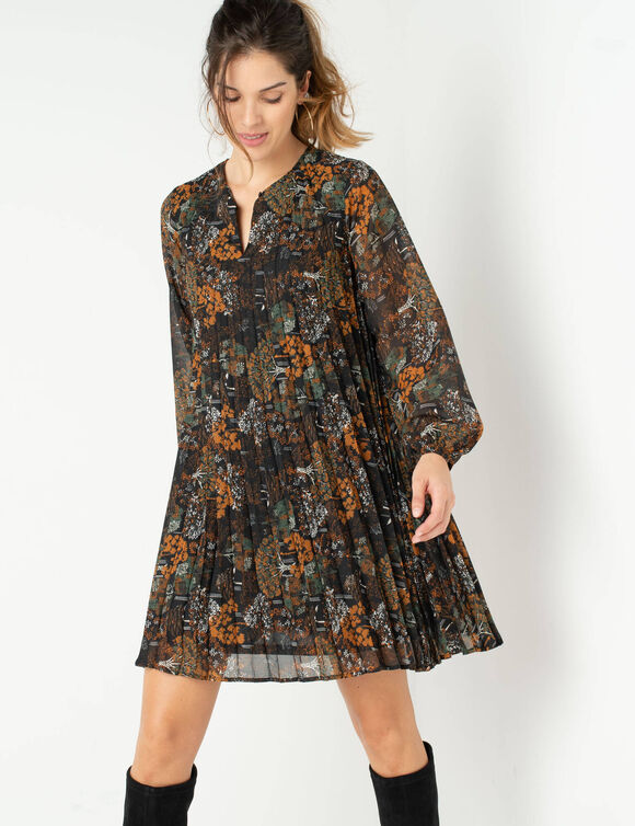 Robe courte plissée imprimée (noir / bronze) Robe courte plissée imprimée (noir / bronze)
